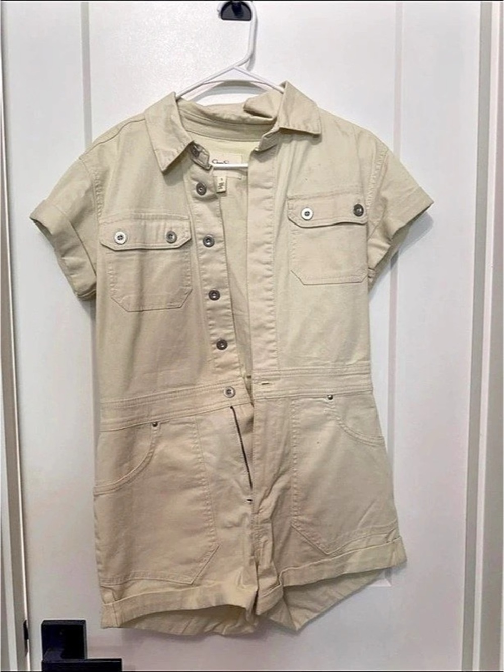 Jessica Simpson Utility Short Sleeve Romper in Beige